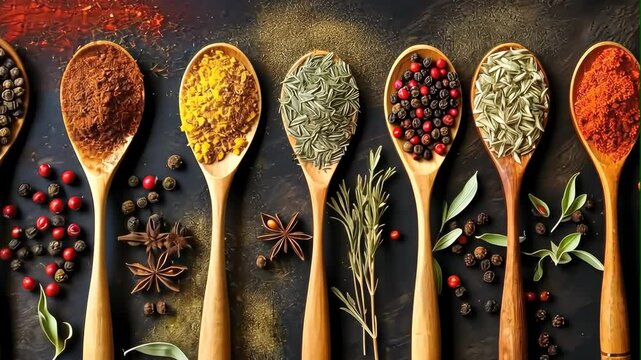 Rustic Flatlay of Colorful Spices in Wooden Spoons

