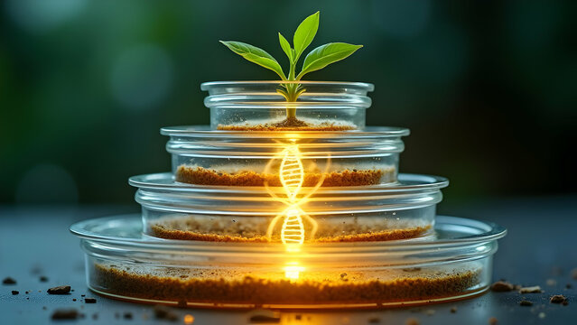 Petri Dish Pyramid of Plant Growth with DNA Axis