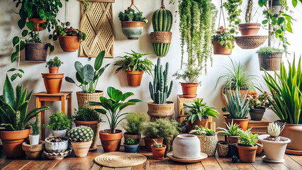 Abundant collection of various potted houseplants displayed in a bright indoor setting