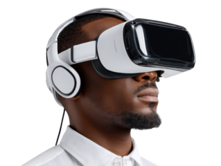 Immersive Reality: An individual experiencing the future with a virtual reality headset, eyes focused in a world of innovation and digital realm.