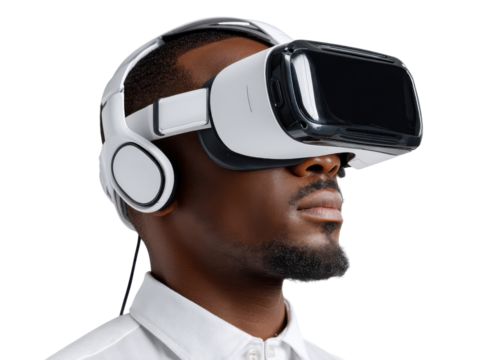 Immersive Reality: An individual experiencing the future with a virtual reality headset, eyes focused in a world of innovation and digital realm.