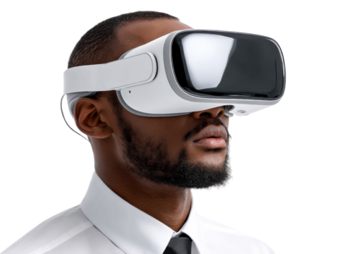Immersive VR Experience: An individual is completely engrossed in the world of virtual reality with headset, highlighting the cutting-edge potential of technological innovation and immersive design.