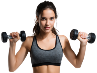 Fitness Model Lifting Dumbbells: A determined woman strengthens her physique, expertly lifting dumbbells, showcasing physical prowess and dedication to a healthy lifestyle.