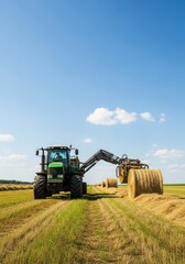 Obraz premium Harvesting action with tractor agricultural field photography sunny environment wide view farming concept