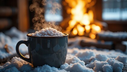 Hot Chocolate Mug by the Fire in a Winter Cabin - Photorealistic Close-Up
