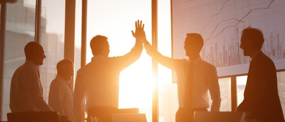 Celebrating success as charts soar on screen with enthusiastic high-fives in a modern office setting at sunset