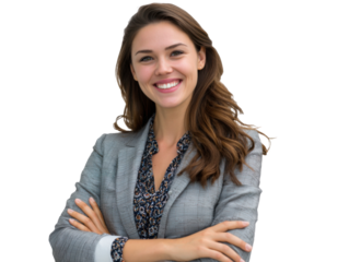 Professional Confidence: A portrait of a confident, smiling businesswoman, radiating success and approachability in her tailored attire.