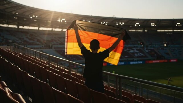Fan holding German flag while cheering in stadium at sunset  