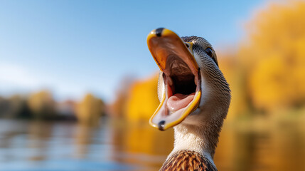 A close-up of a duck with its mouth open, set against a natural background of trees and a clear sky.