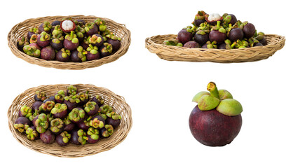 Fresh Mangosteens in a Woven Basket Isolated on Transparent Background