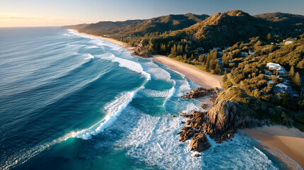 Aerial view of the beach at sunset 