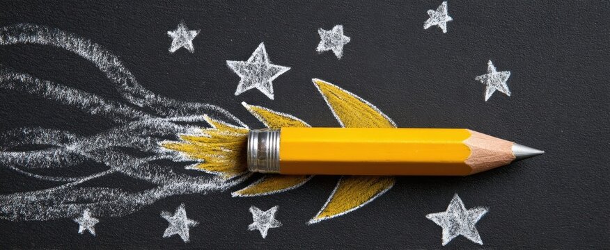 The pencil soaring through space with stars and rocket-themed illustrations.