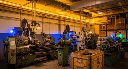 Naklejka premium Machining process in industrial workshop precision equipment manufacturing environment interior view technology focus