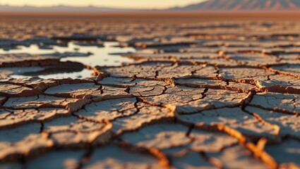 The image captures the intricate details of cracked earth under the warm desert sun.