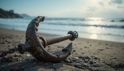 Fototapeta premium Weathered Anchor on Sandy Beach Cinematic Seascape with Ocean Reflections