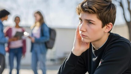 young man feeling isolated and stressed while seated on a bench in a schoolyard, witnessing peers interacting, highlighting themes of social anxiety and loneliness