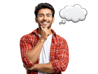 Creative Contemplation: A young man, hand on chin, contemplates a thought bubble, his joyful smile reflecting the warmth of imagination and creative insight. 