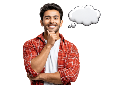 Creative Contemplation: A young man, hand on chin, contemplates a thought bubble, his joyful smile reflecting the warmth of imagination and creative insight. 