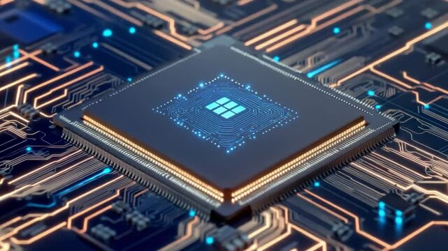 Detailed shot of a computer chip with a circuit board, symbolizing technological advancement