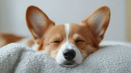 close up of Corgi puppy sleeping on a soft gray blanket in the living room