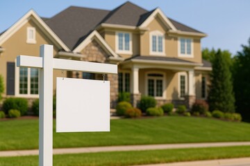 Blank white real estate sign post in front of a modern suburban house. Home for sale or open house concept.