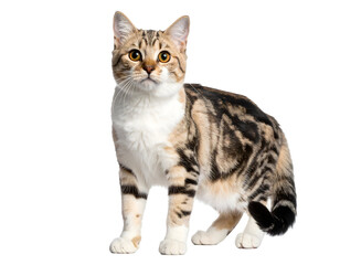 A beautiful domestic tabby cat with striking amber eyes stands gracefully, looking with curiosity.
