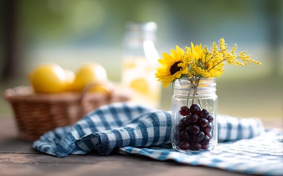 A summery, fresh, and cheerful atmosphere is created by the presence of bright sunflowers in a glass jar and a picnic basket filled with a drink and berries, ideal for a relaxing outdoor meal