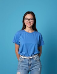 Obraz premium Portrait of a young woman in blue shirt studio setting casual vibe natural light confident expression