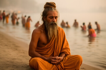 An elderly Hindu sadhu meditates in deep peace on the riverbank during sunrise, surrounded by pilgrims performing holy rituals in sacred waters of the Ganges.