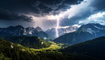 Obraz premium Epic Wide-Angle View of a Thunderstorm Sweeping Over a Vast Mountain Range with Dramatic Lightning Illuminating the Swirling Storm Clouds in Moody Film-Style Color Grading