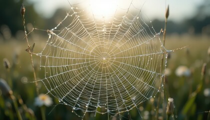 Dew-Kissed Spiderweb A Glistening Macro View in Soft Morning Light, Nature's Delicate Art