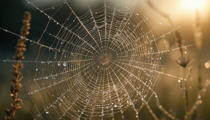 Obraz premium Dew-Kissed Spiderweb A Macro View of Nature's Artistry in Soft Morning Light