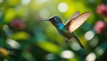 Hummingbird Sips Nectar in Macro Detail, Iridescent Plumage Shines in Sunlit Garden