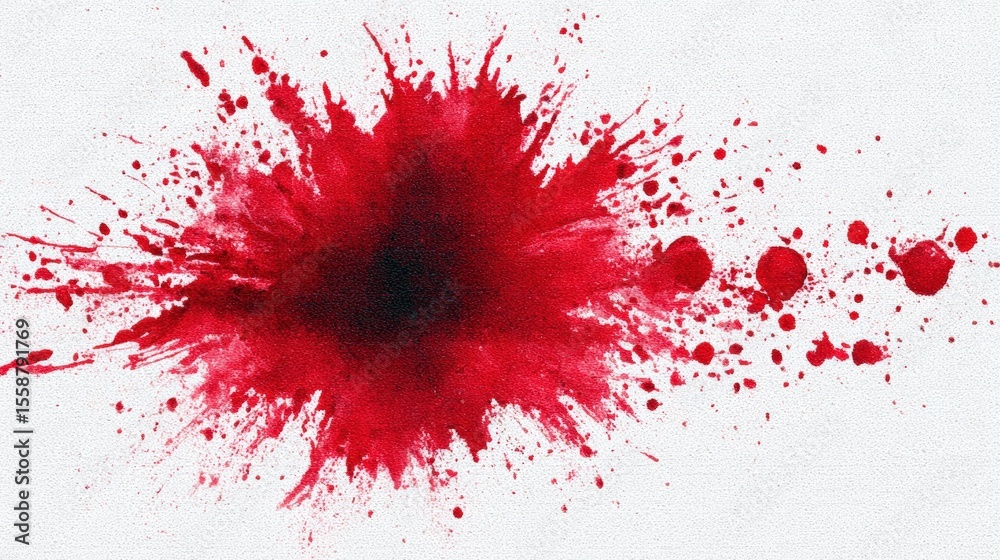 Poster a vibrant red paint splash with spreading droplets on a white textured surface, creating an abstract