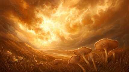 Surreal Landscape with Mushrooms Under Dramatic Orange Sky