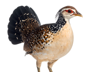 An elegant partridge stands gracefully, revealing its rich brown and white speckled feathers and keen red-rimmed eye.
