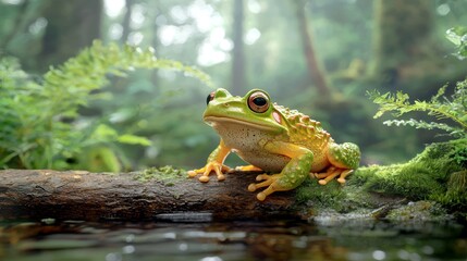 Lively Green Frog Sitting on Log Amidst Lush Forest Environment
