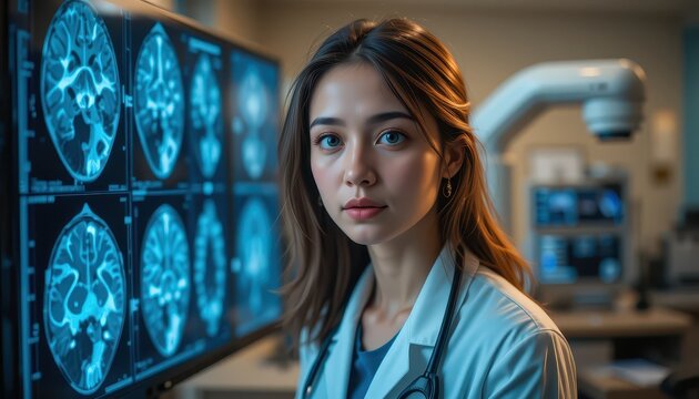 Thoughtful Neurologist Analyzing Brain Scans in a Modern Office Setting, Diagnostic Examination