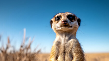 Fototapeta premium close up portrait of meerkat again landscape, green grass and blue sky