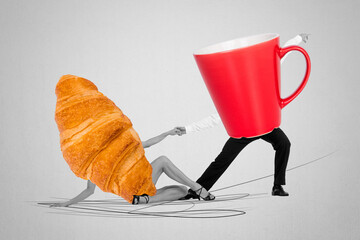 Pop zine 3d image collage of two anonym girl guy dance together instead body croissant bakery...