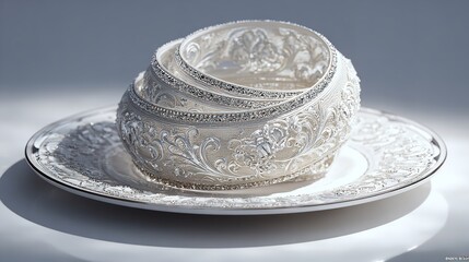 Exquisite silver bowl with intricate detailing and diamond accents on a matching silver plate design