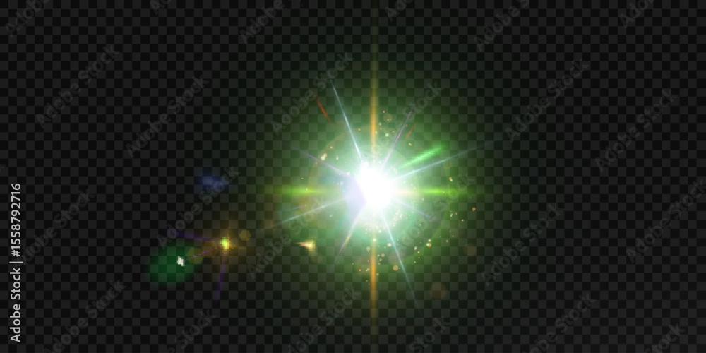 Aufkleber Bright green glow of light lens reflection. Abstract glow and lens flare effect for illustrations and game interface design. Vector