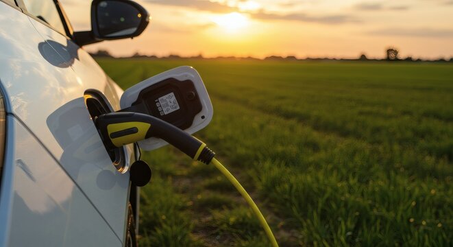 Electric Car Charging Amidst Golden Sunset with Fields of Green.
