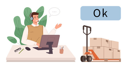 Man using headset at desk speaking while managing shipment process. Cart with stacked boxes. Ideal for logistics, shipping, customer service, e-commerce, order tracking, warehouse operations, simple