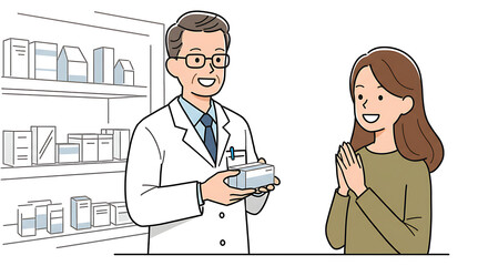 Pharmacist handing medication to a smiling customer.