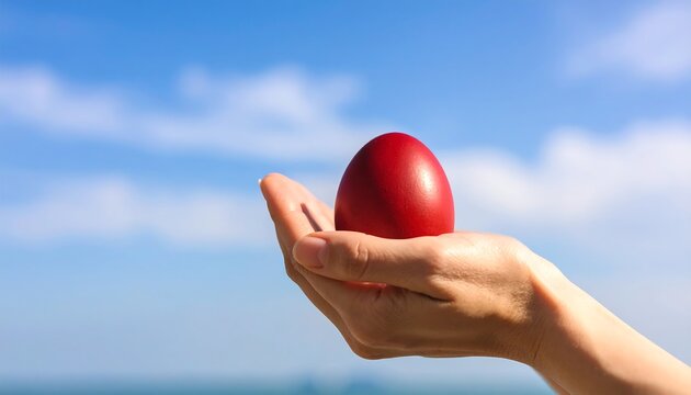 Hand holding a red Easter egg against a blue sky