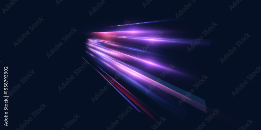 Poster Transparent pink-violet rays of light go upward, creating a feeling of acceleration, movement of the flow of light. Energetic flow with the effect of acceleration. Vector