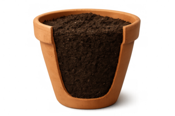 Clay pot section filled with soil, isolated on transparent background, ideal for gardening and growth concepts