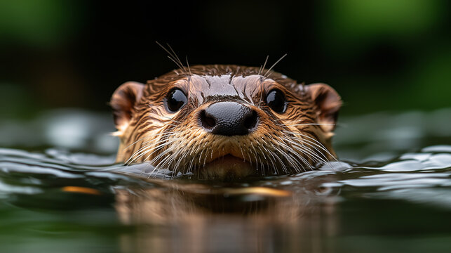 A close-up view of an otter face, whiskers and wet fur against a blurred background.
