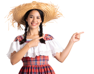 Smiling young woman in vibrant plaid dress and straw hat points, embodying festive joy.